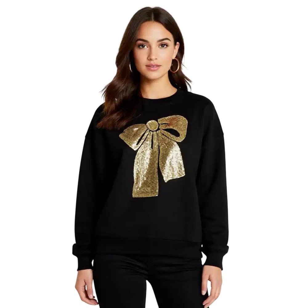 Philosophy Republic Clothing Black Gold Sequin Bow Sweatshirt L NWT